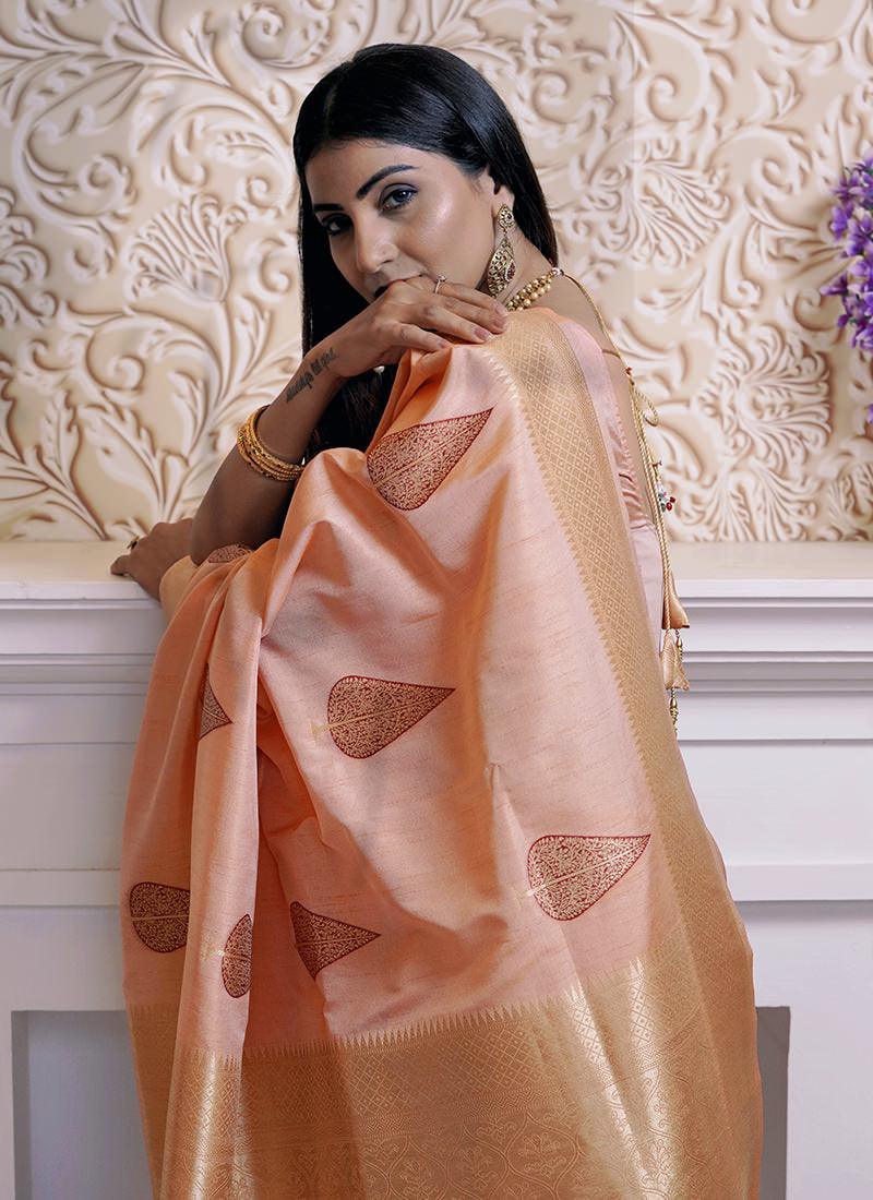 Orange Color Leaves Print Silk Saree Cheap Finishline