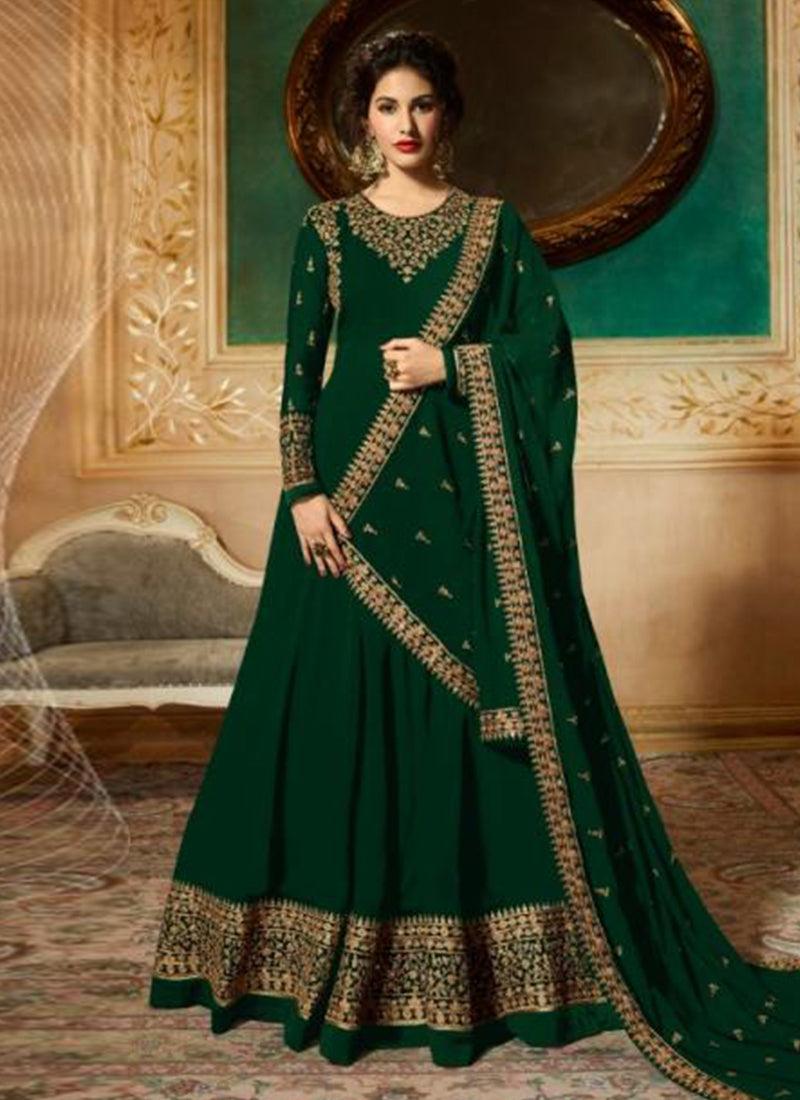 Georgette Base Party Wear Dark Green Gown Free Shipping Big Discount