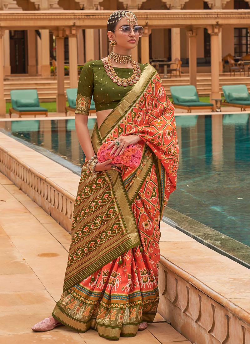 Orange Smooth Silk Foil Print With Patola Saree Visit Cheap Pice