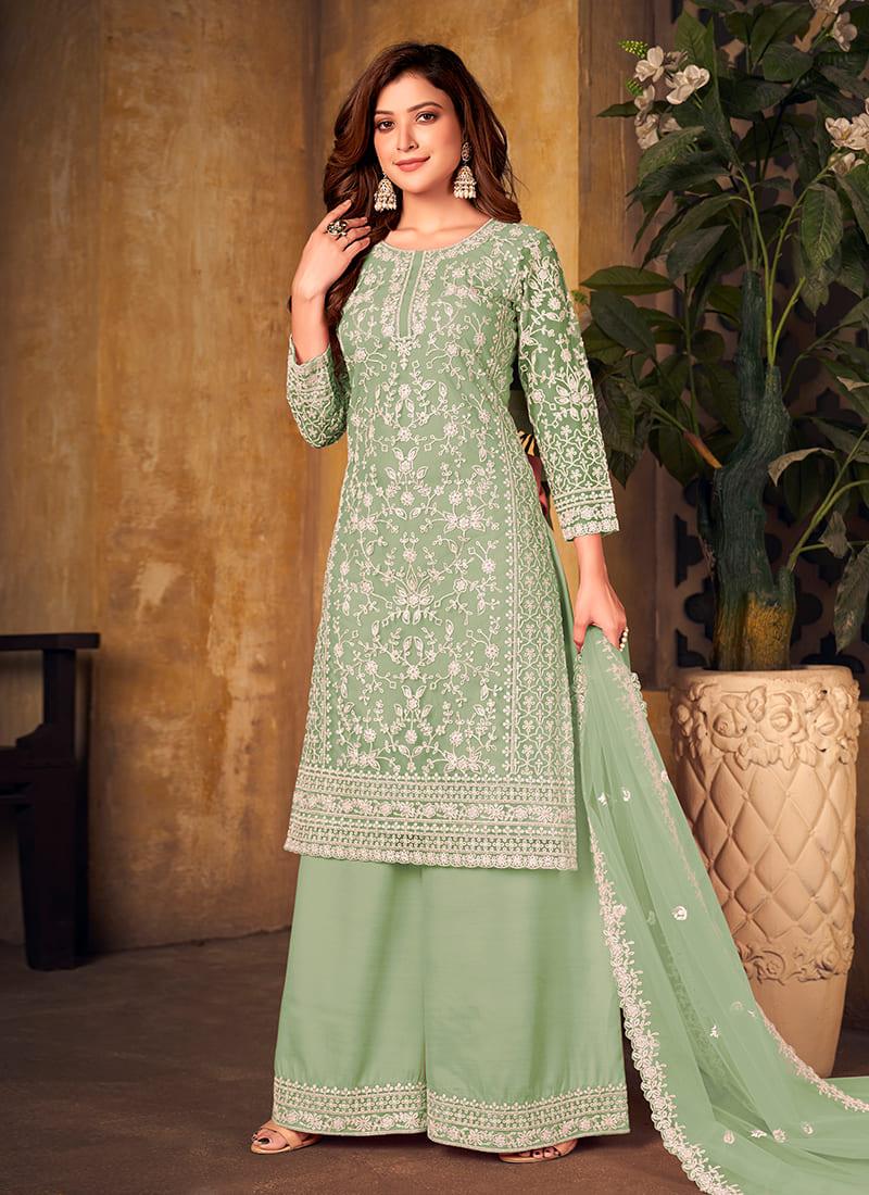 Pastel Green Embroidered Top Palazzo Cheap Sale Enjoy