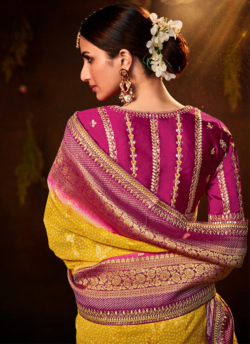 Embroidered Blouse With Light Yellow Bandhej Saree Buy Cheap Inexpensive