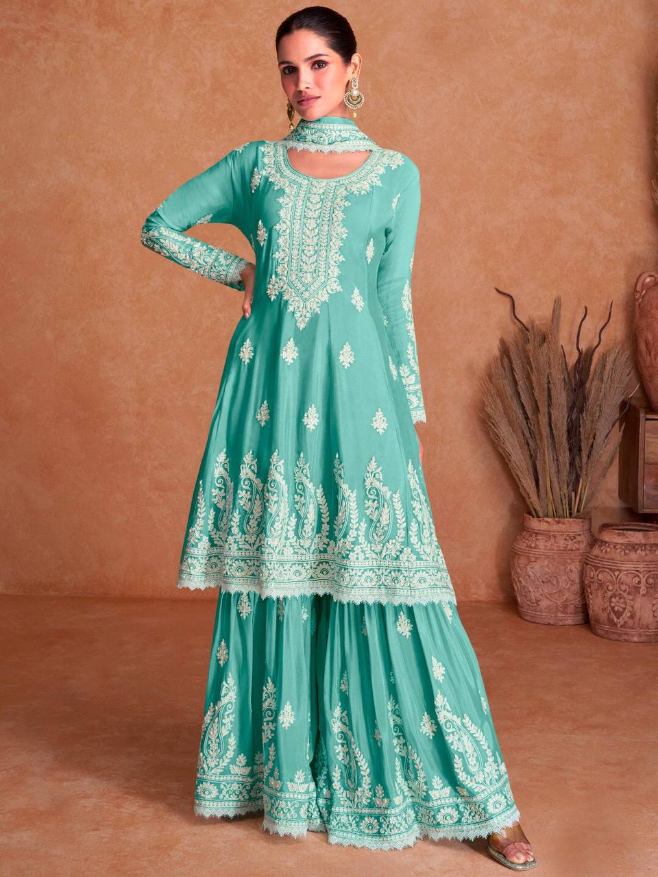 Angelic Aqua Faux Georgette Embroidered Sharara Suit For Sale Top Quality