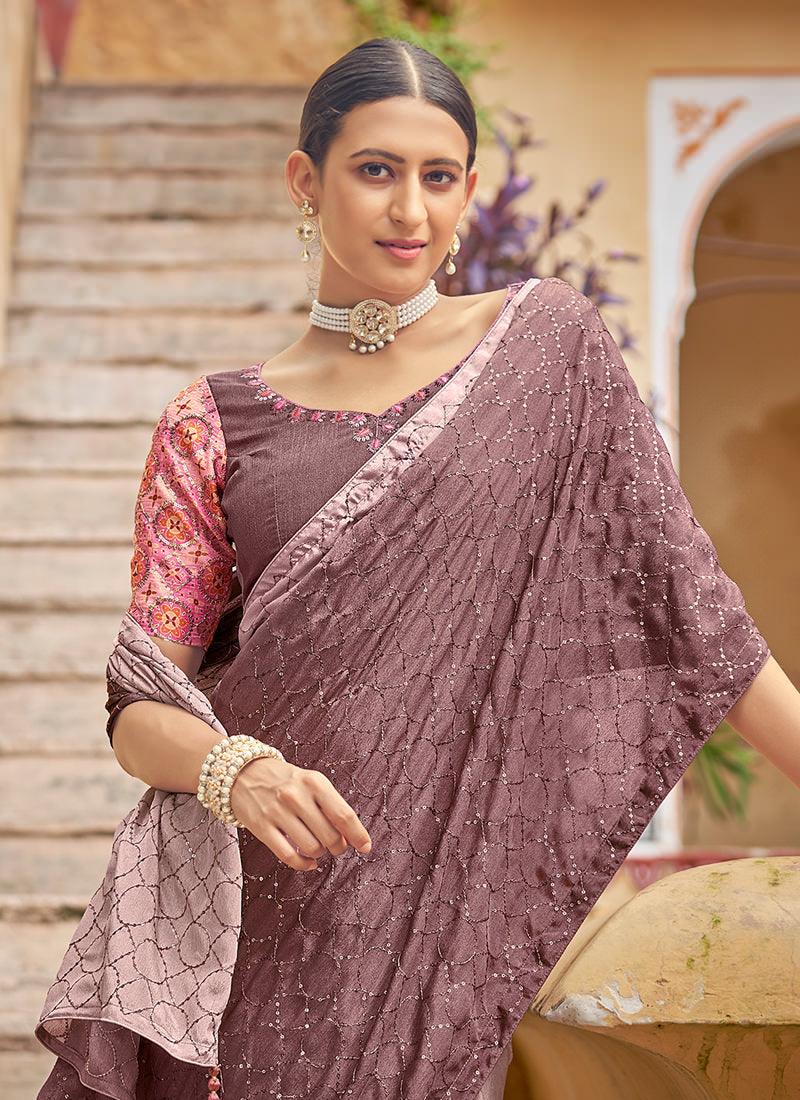 Embroidered Chinon Dusty Pink Saree Free Shipping Big Sale