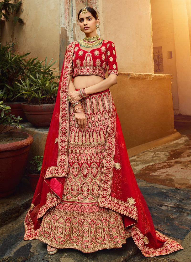 Incredible Red Velvet Base Embroidered Bridal Lehenga Choli Pices Online