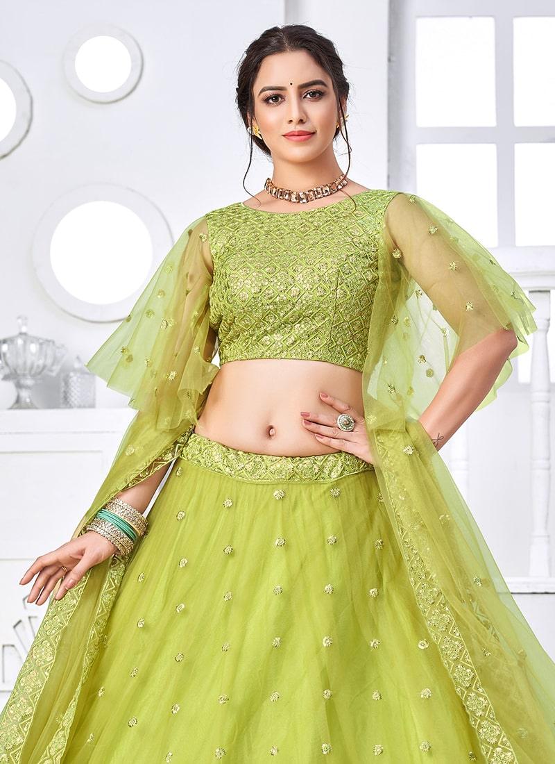 Green Color Soft Net Fabric Sequins Work A-Line Lehenga Outlet Locations Sale Online