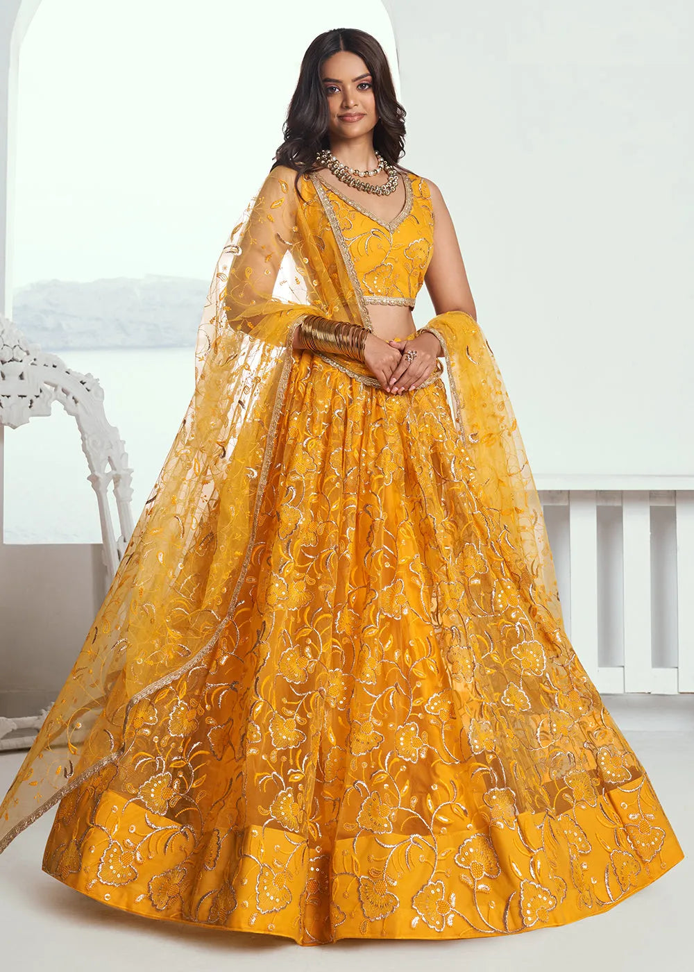 Exquisite Embroidered Net Yellow Wedding Wear Lehenga Choli Cheap Sale Manchester Great Sale