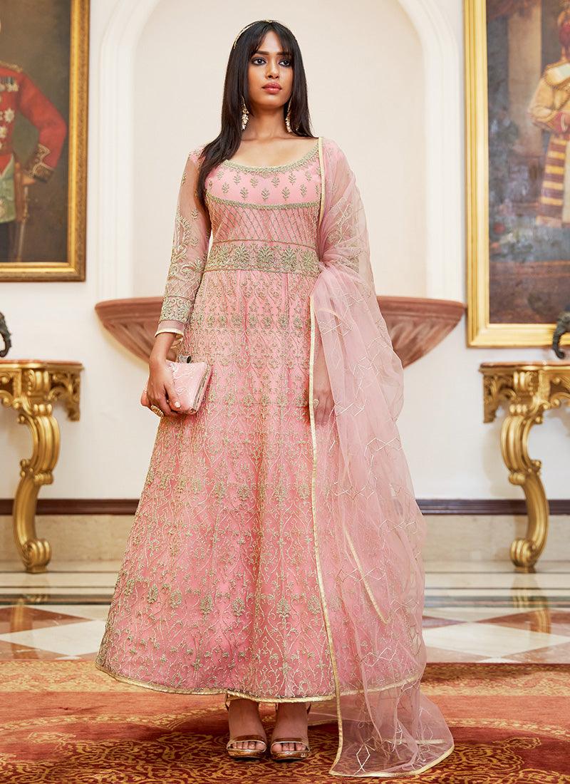 Pink Color Soft Net Base Partywear Anarkali Suit With Dori Work 100% Original