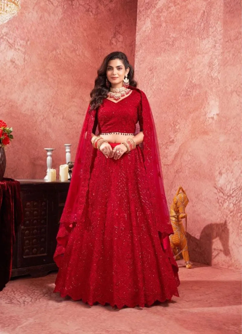 Designer Red Premium Net Bridal Lehenga Choli 2025 Sale Online