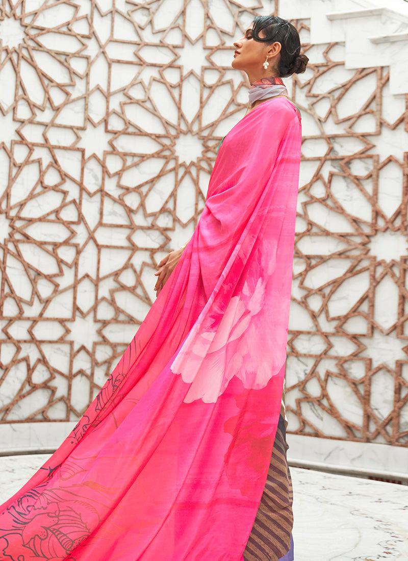 Amazing Partywear Pink Colored Silk Fabric Printed Saree For Sale Top Quality