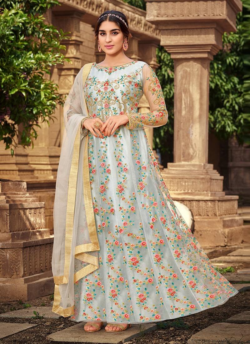 Light Grey Color Soft Net Base Resham Work Anarkali Salwar Suit Shop Sale Online