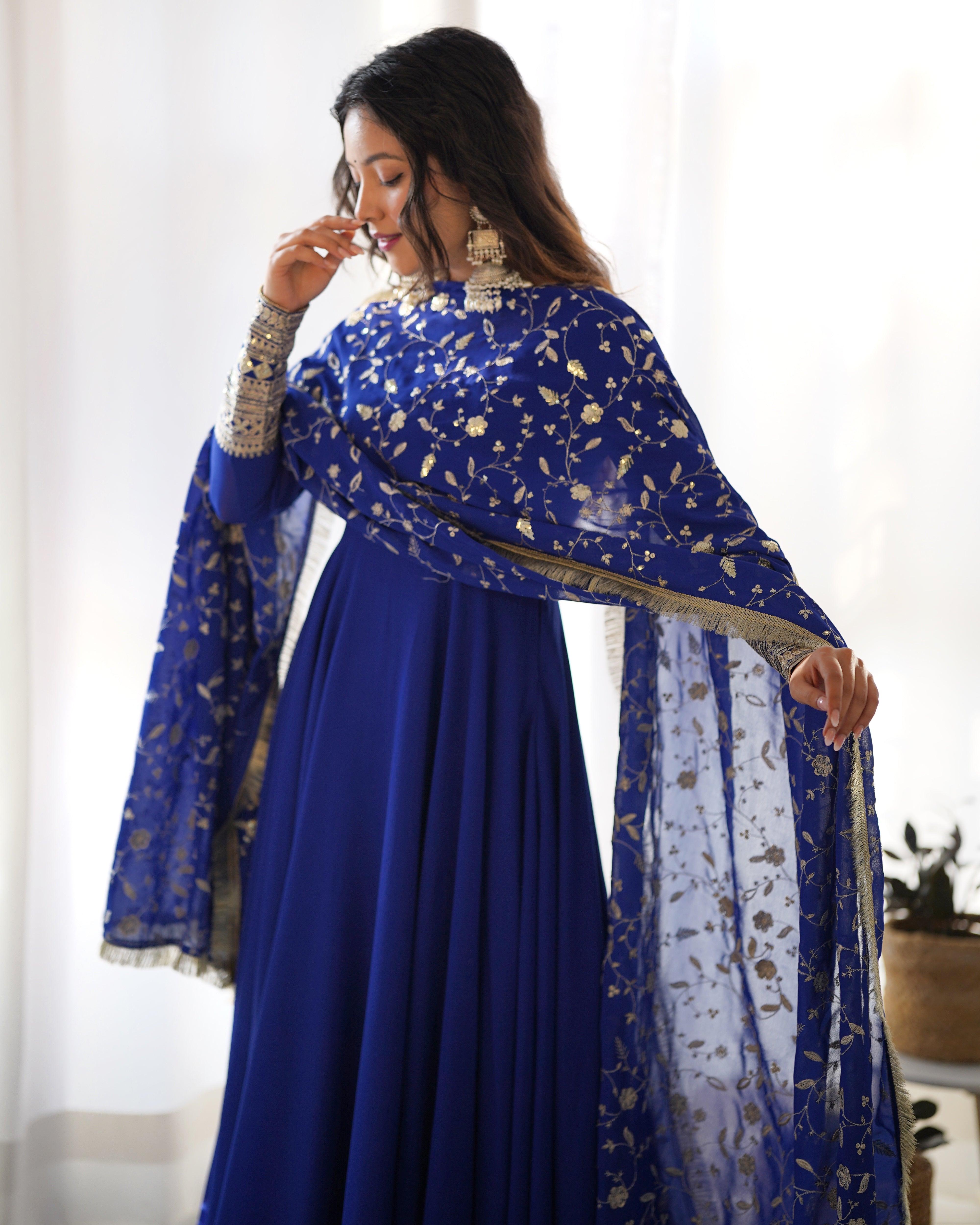 Blue Faux Georgette Anarkali Pant Suit With Sequins Embroidered Dupatta Cheap Wiki