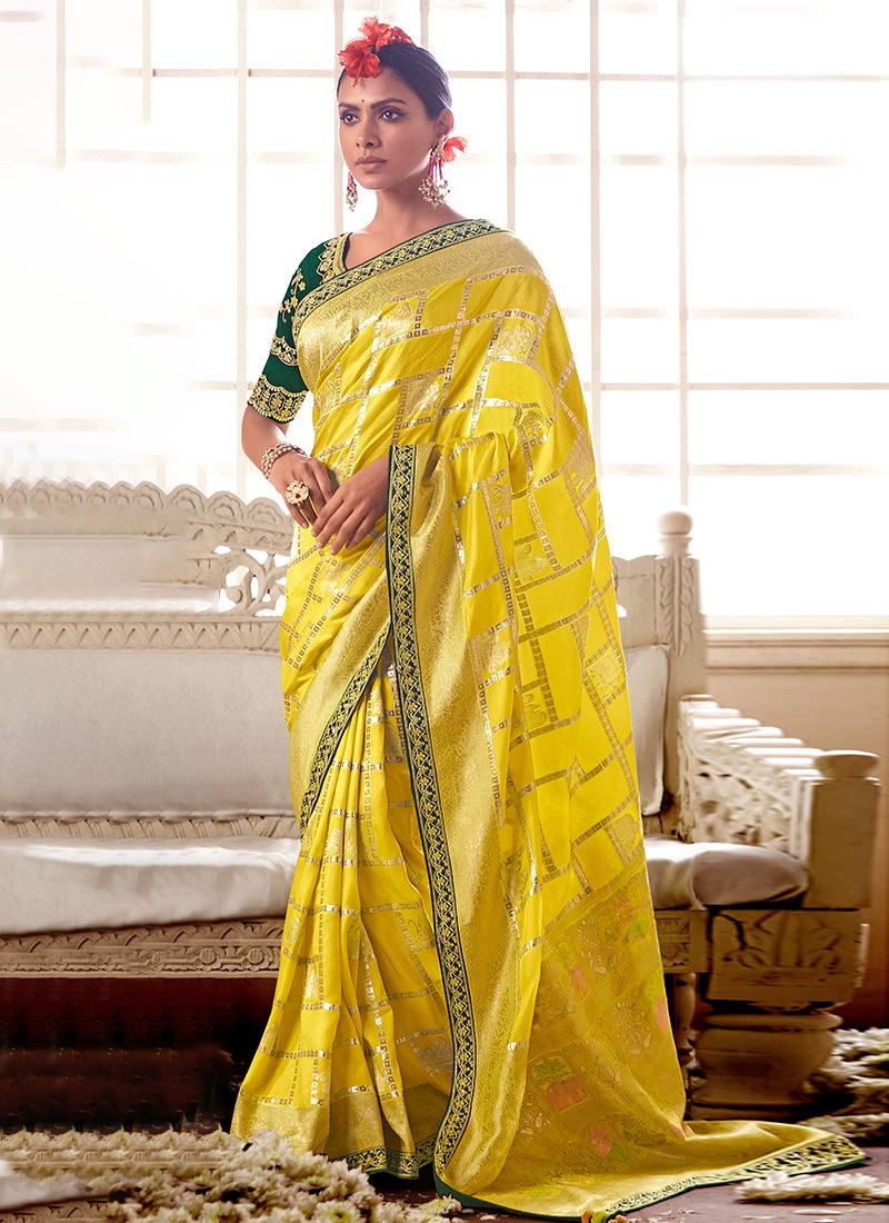 Embroidered Blouse Lemon Yellow Silk Saree Low Cost