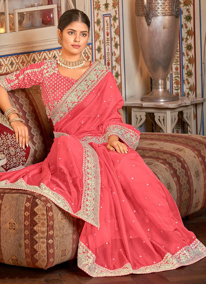 Sequins Work Coral Pink Organza Saree Very Cheap