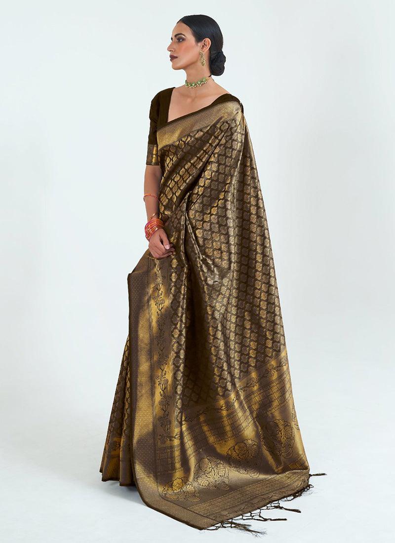 Desirable Look Dark Brown Color Silk Fabric Silk Weave Embroidered Saree Cheap For Cheap