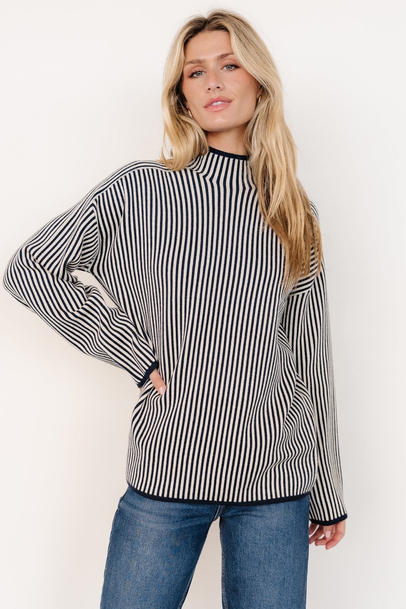 Kat Mock Neck Sweater | Navy Stripe Best Place Cheap Pice