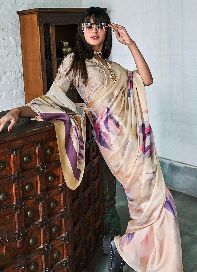 Cream Printed Saree With Fancy Blouse Buy Cheap Best Store To Get