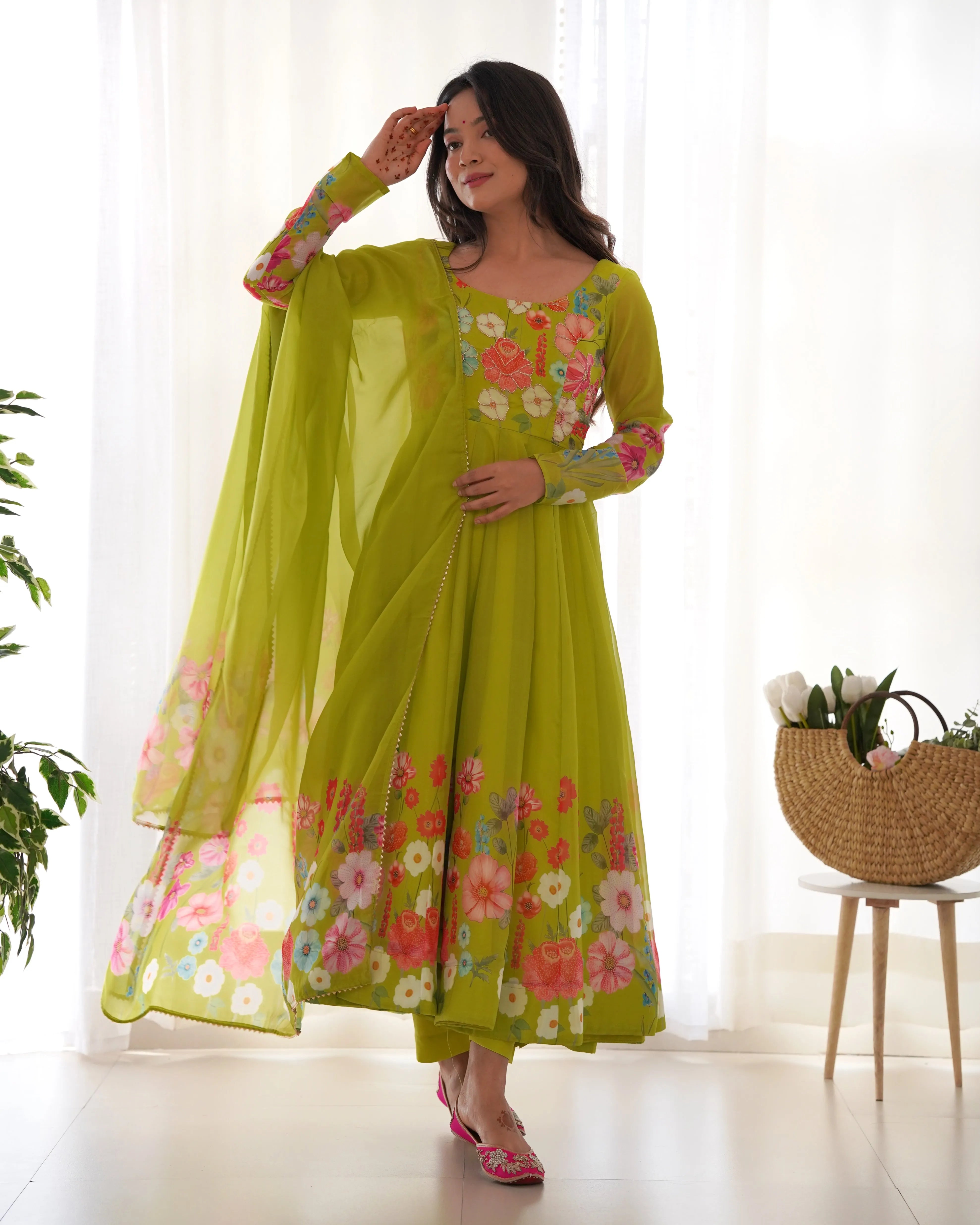 Cream silk Floral Printed anarkali suit with dupatta Cheap Sale View