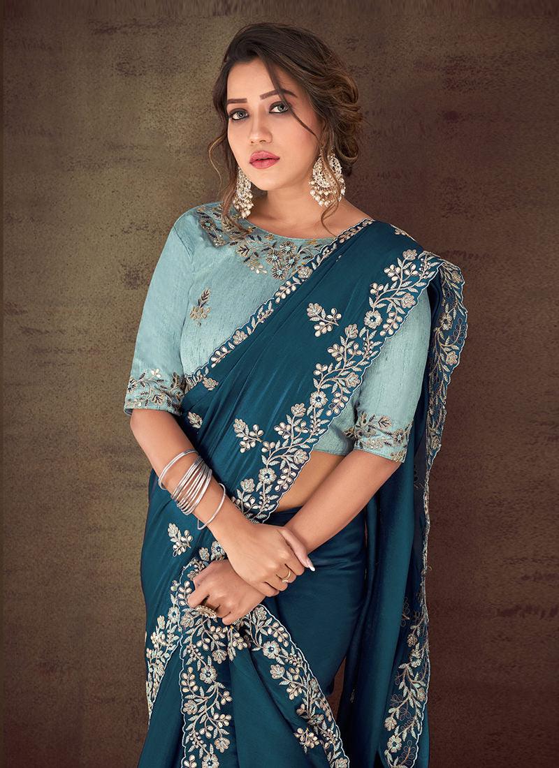 Embroidered Teal Blue Classic Saree Comfortable Online