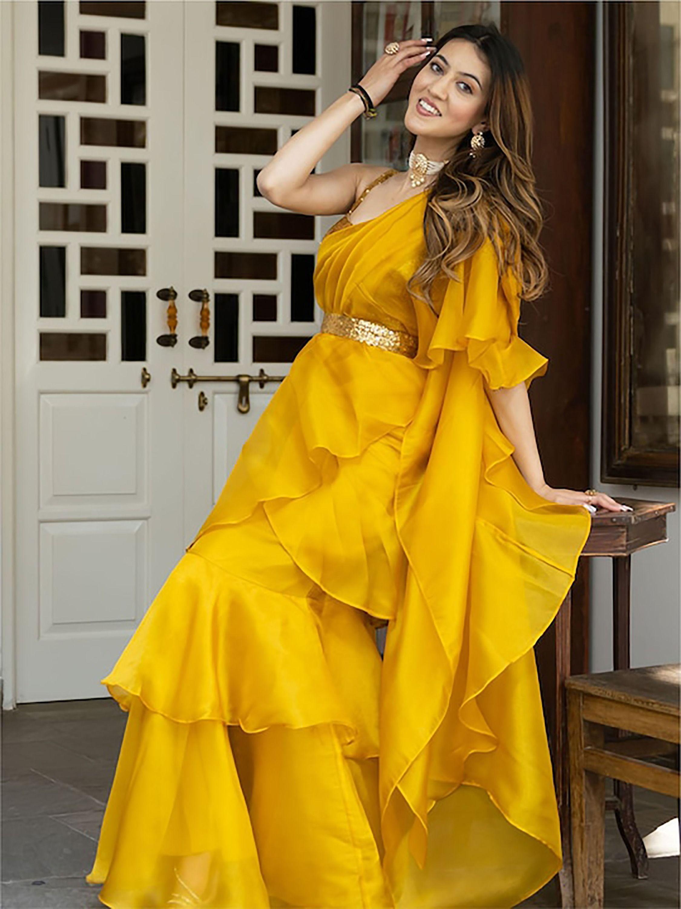 Mustard Yellow Organza Ready-to-wear Ruffle saree Quality From China Wholesale