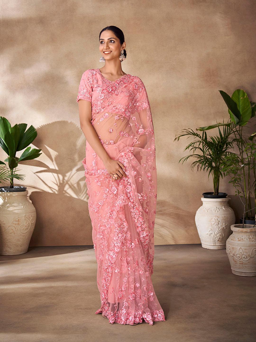 Peach color net base zarkan, thread and embroidered saree Online Online Cheap Pice