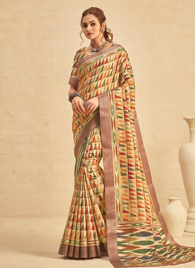 Silk With Digital Print Light Yellow Saree Cheap Sale Footlocker Finishline