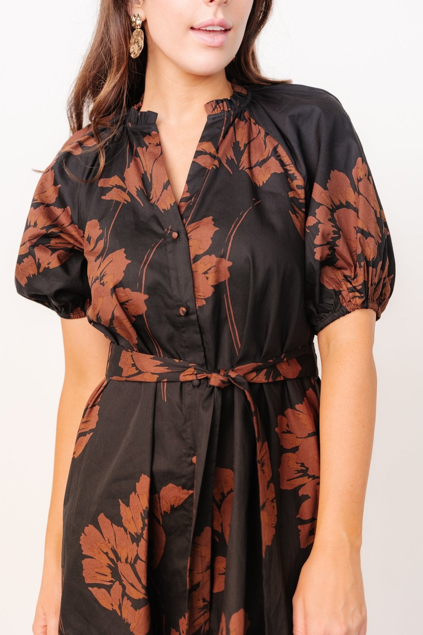 Prescott Midi Dress | Black + Brown Floral For Sale Top Quality