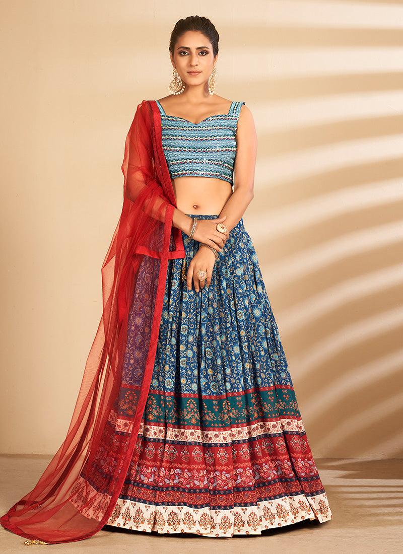 Fabulous Multi Color printed Lehenga With Sleeveless Mirror Work Blouse Supply Online