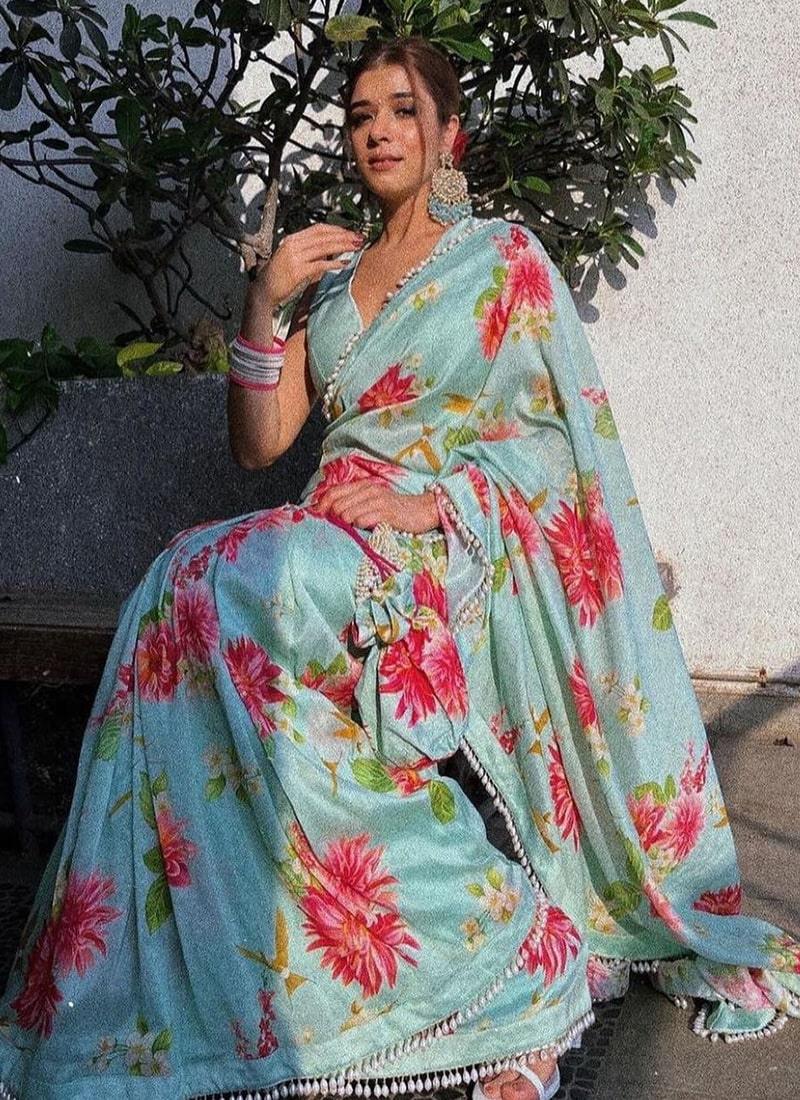 Turquoise Color Satin Material V-Neck Blouse Printed Saree Online