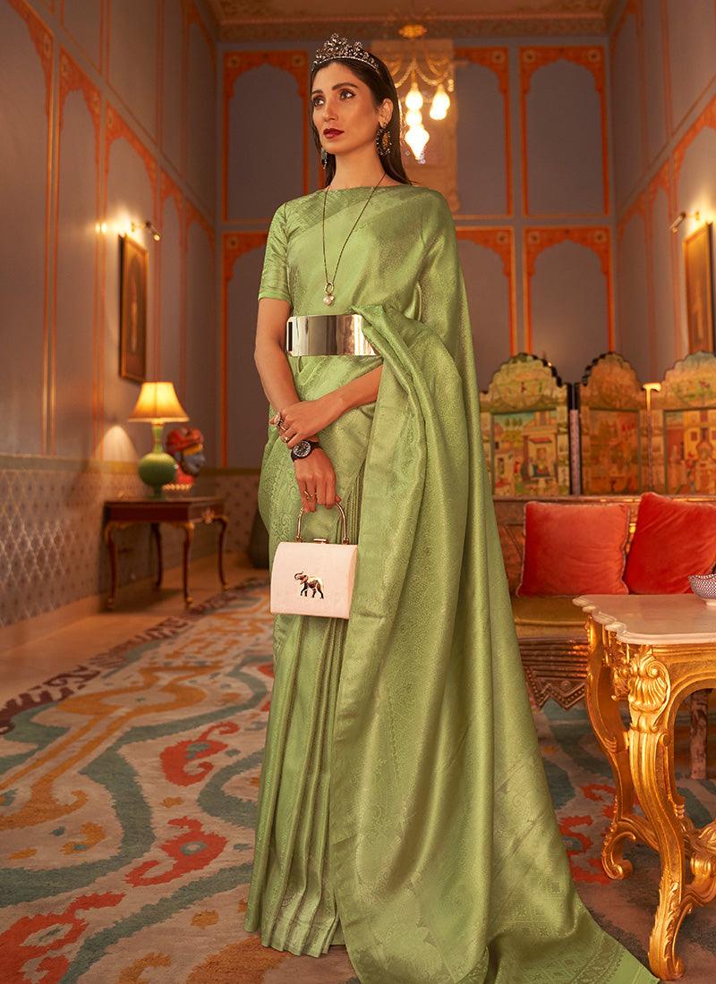 Green Color Silk Base Silk Weave Saree With Half Sleeves Blouse Free Shipping Very Cheap