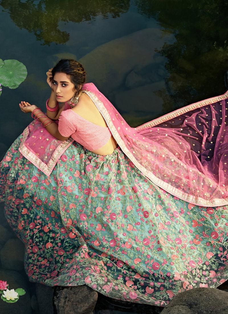 Mesmerizing Sea Green Soft Net Base Embroidered Flared Lehenga Choli Pay With Visa