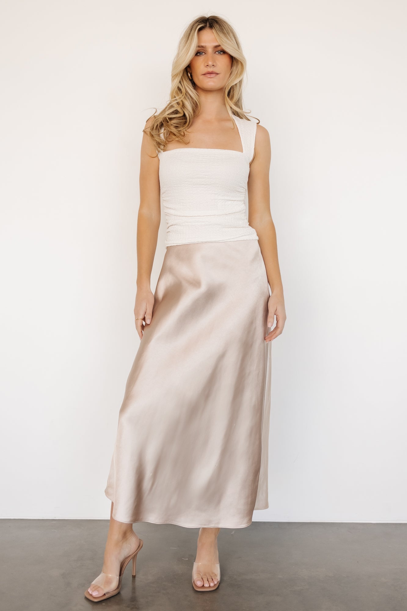 Celeste Satin Midi Skirt | Champagne Professional