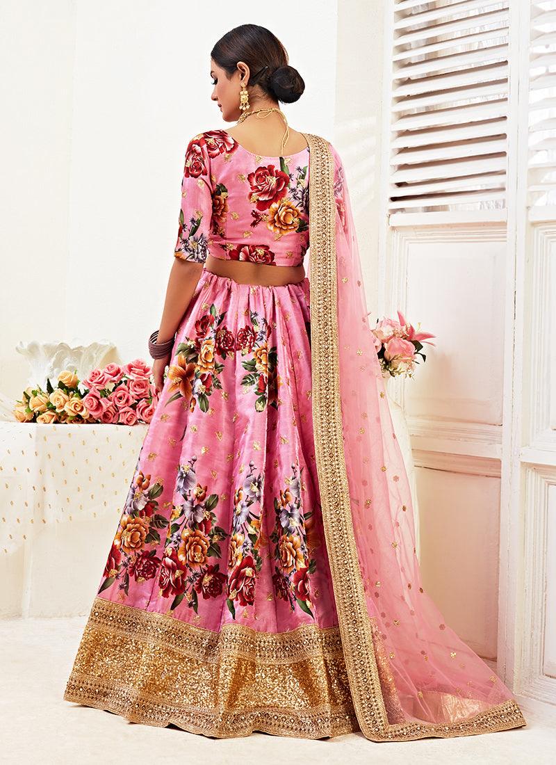 Floral Print Pink Satin Lehenga Choli Outlet Cheap Pice