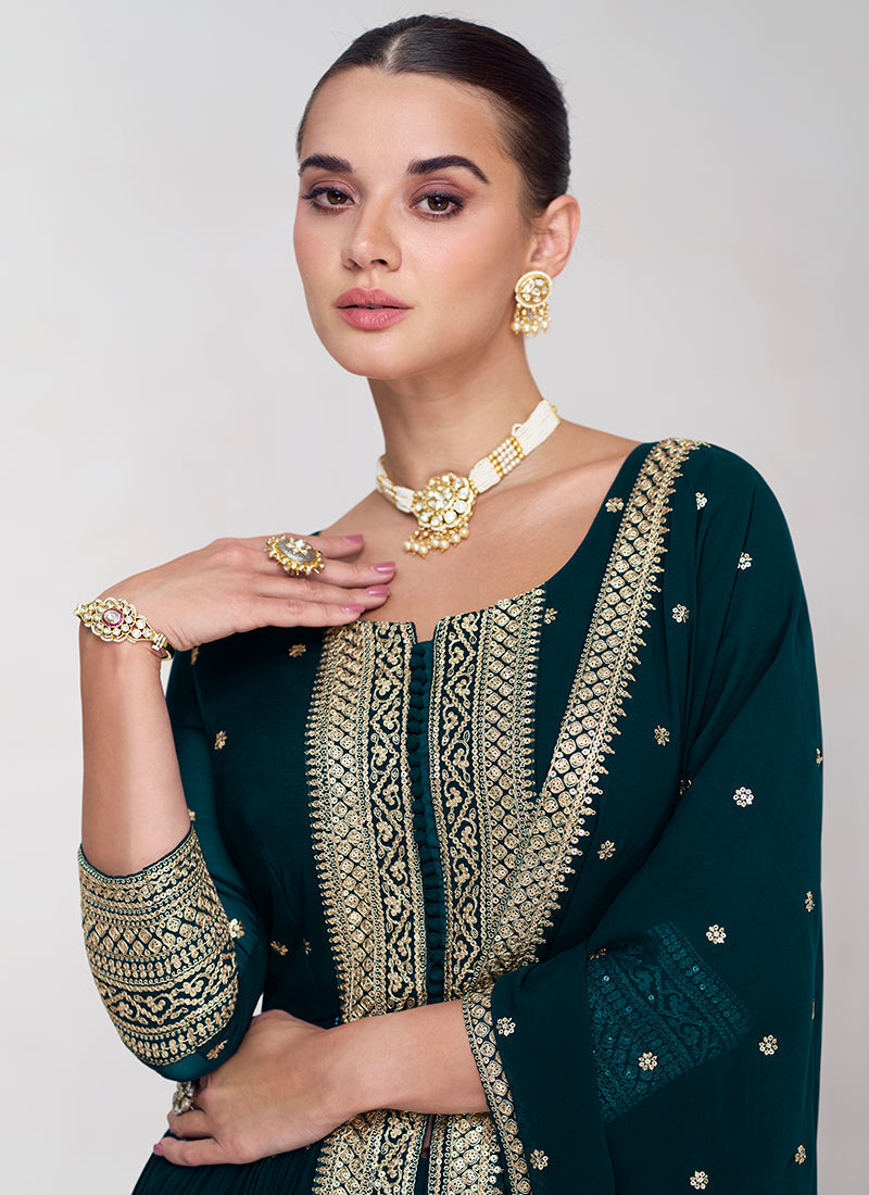 Elegant Dark Green Embroidery Traditional Palazzo Suit Cheap Low Cost