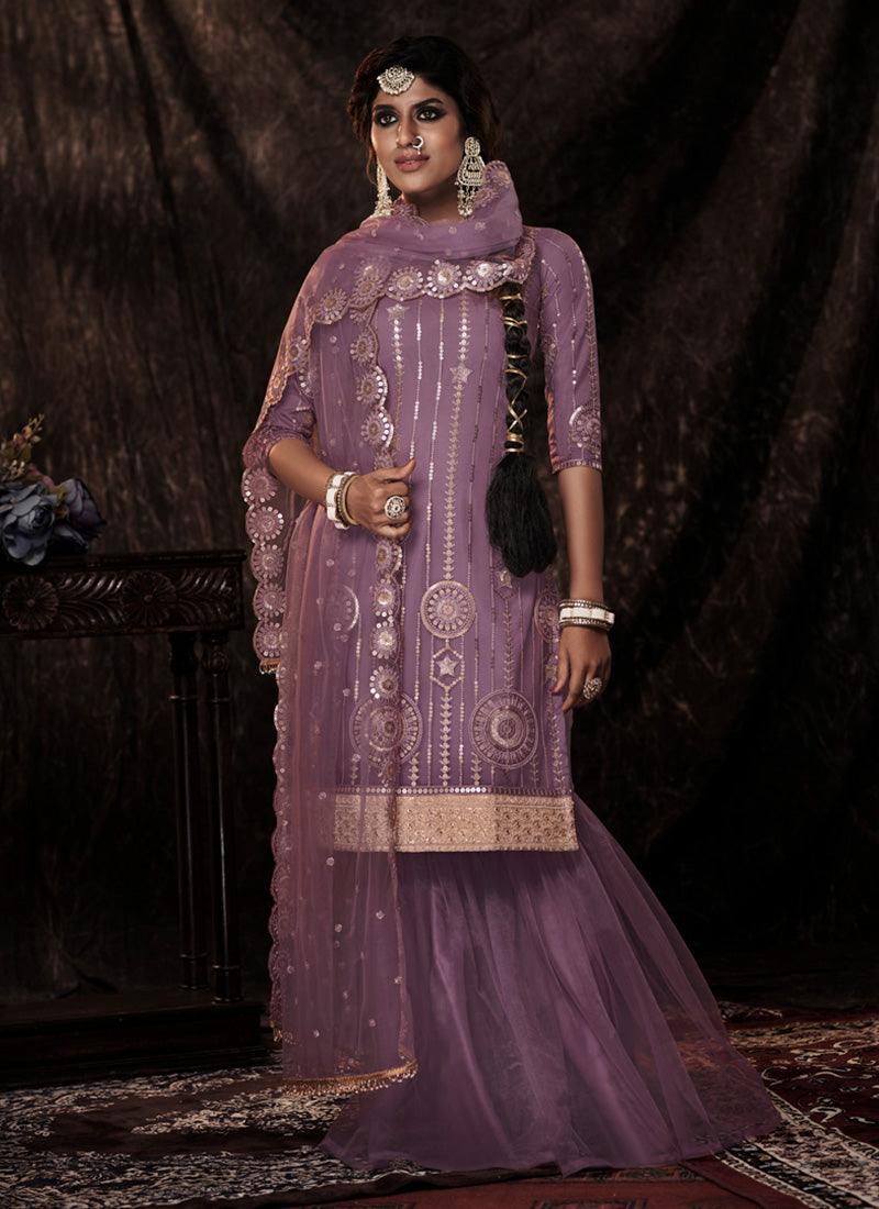 Fabulous Onion Color Soft Net Base Sharara Suit With Sequins Work High Quality