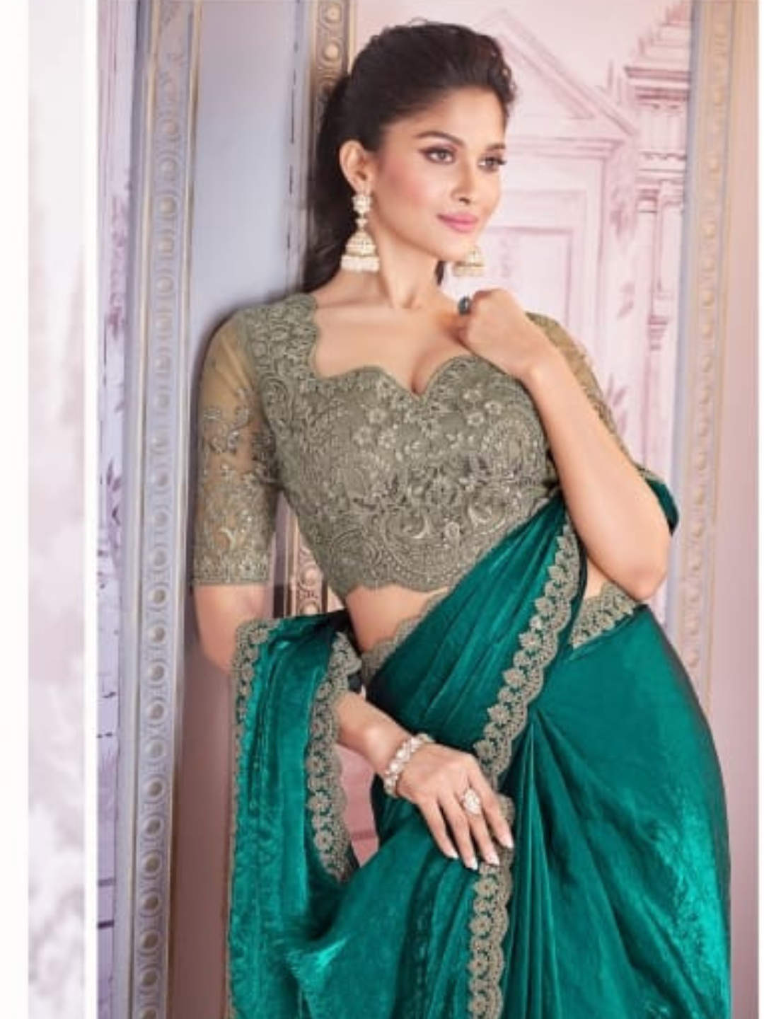 Fantastic Teal Green Satin Organza Embroidered Saree Clearance Affordable