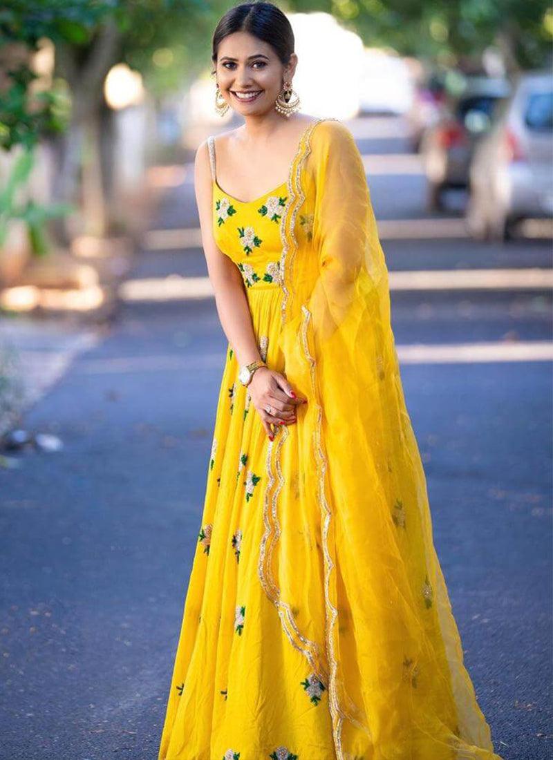 Yellow Color Georgette Fabric Thread And Zari Work Sleeveless Gown Cheap Best Store To Get