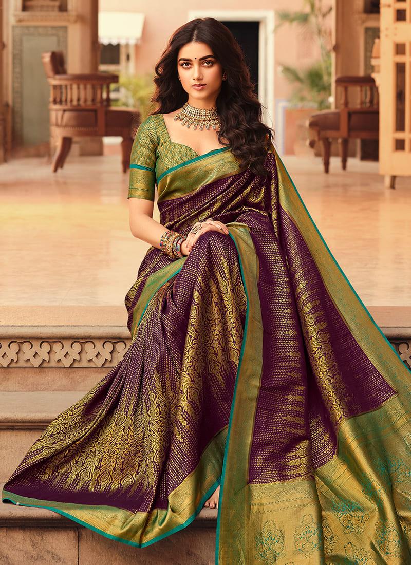 Fascinating Wine Color Kanjiveram Soft Silk Fabric Saree With Silk Weave Sale Low Pice Fee Shipping