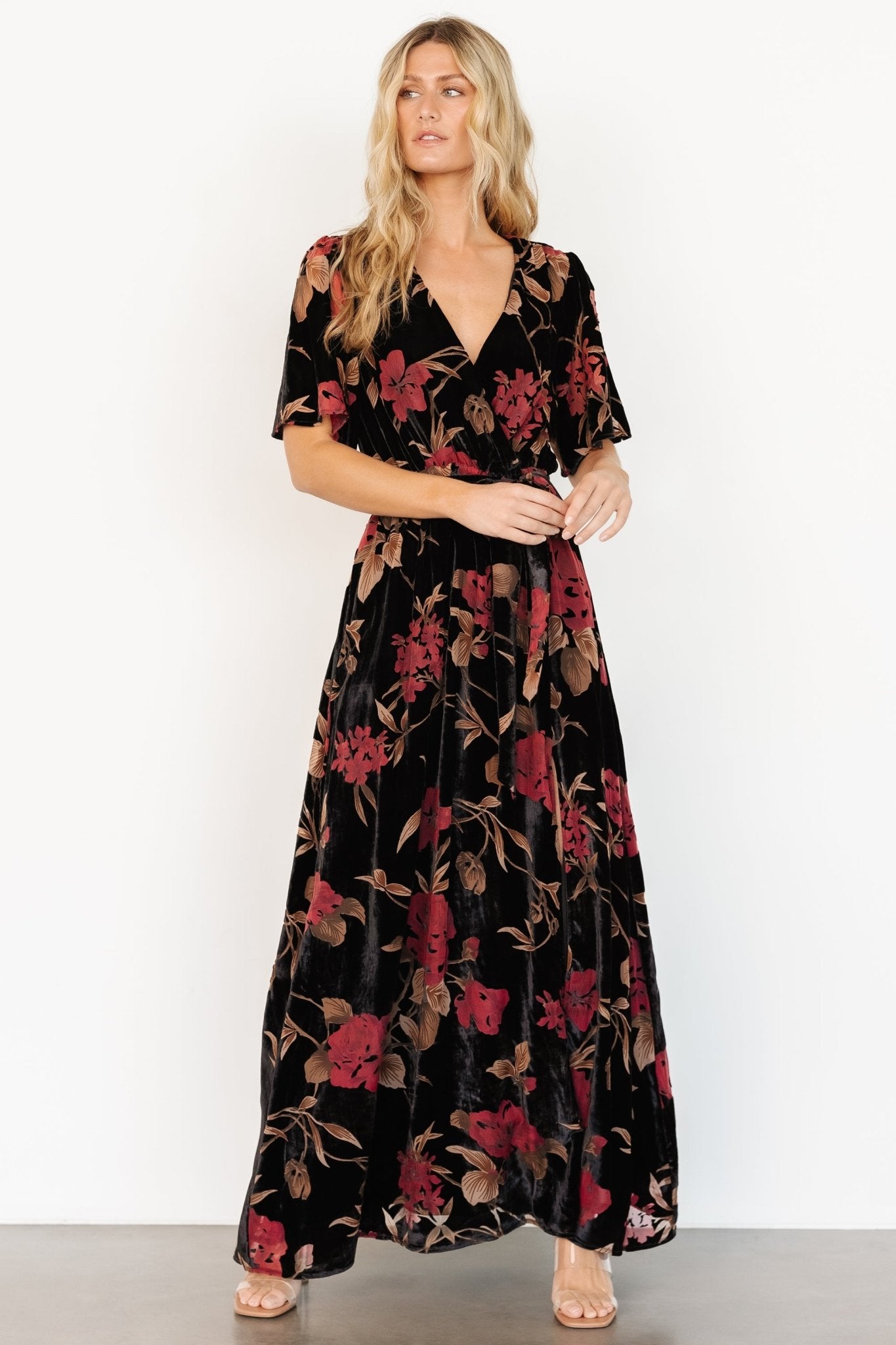 Uma Velvet Maxi Dress | Merlot + Black Floral Buy Cheap Find Great