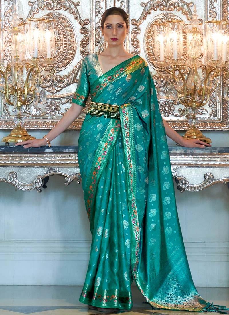 Darkish Turquoise Color Silk Fabric Royal Look Weaving Work Saree With Same Color Blouse Cheap Sale Store