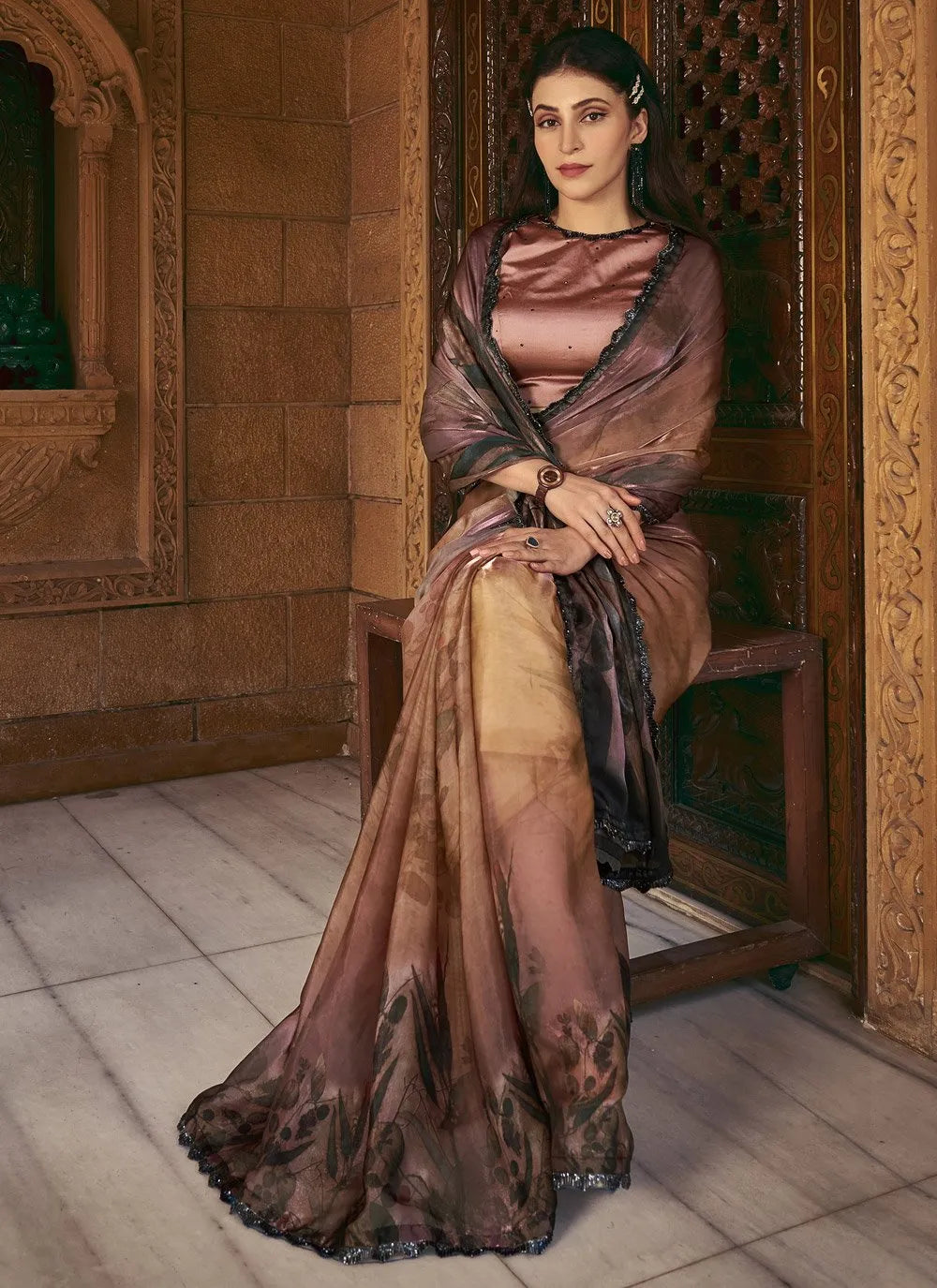 Brown Shaded Satin Silk Pure Hand Stone Worked Saree Free Shipping Wholesale Pice