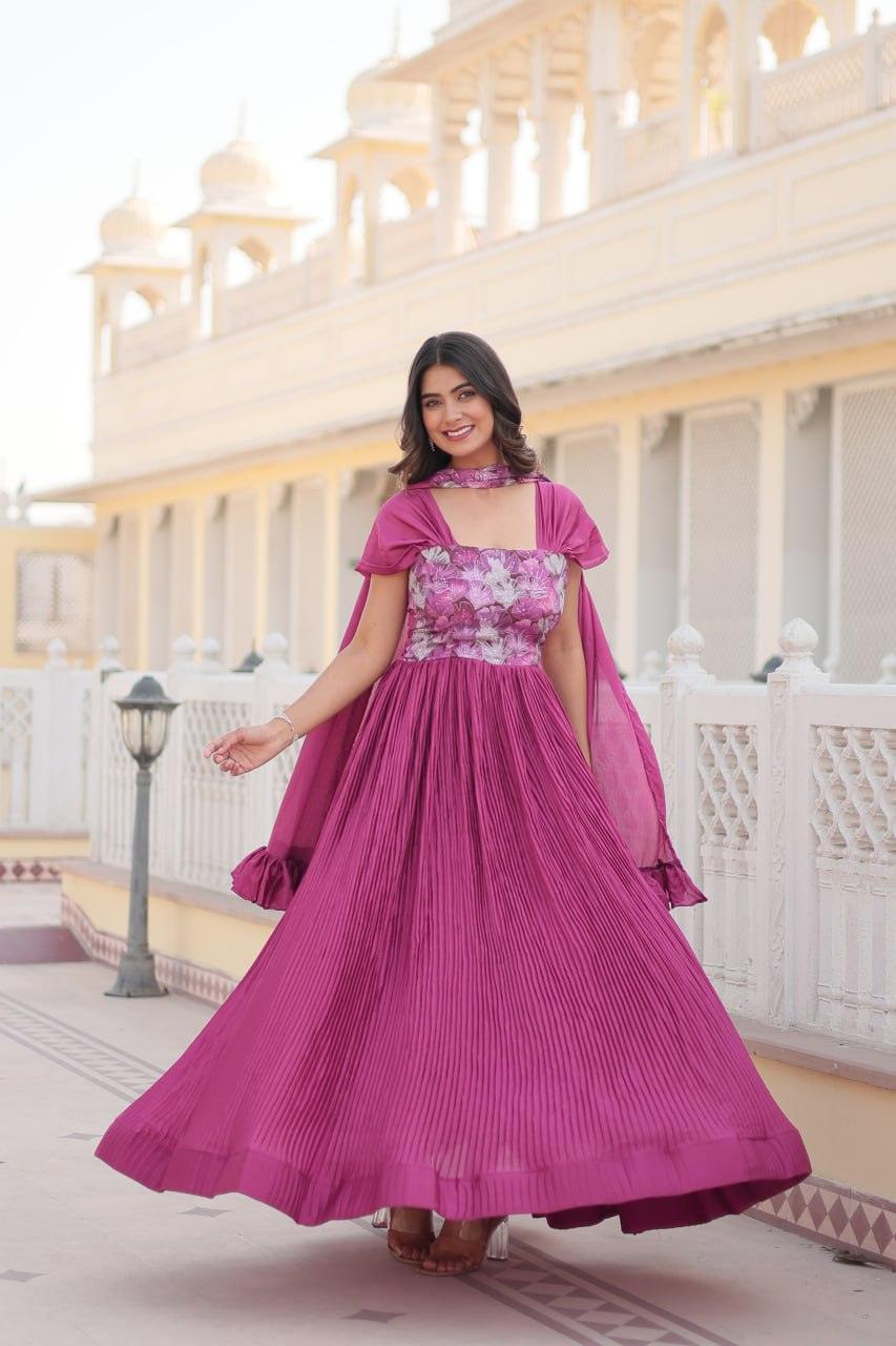 Pink color Chiffon printed Crush Pleated gown Clearance Buy