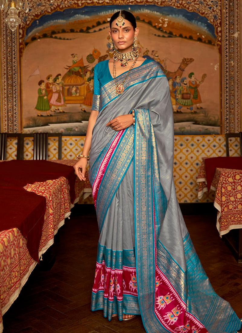 Smooth Silk Fabric Grey Patola Saree Shop For