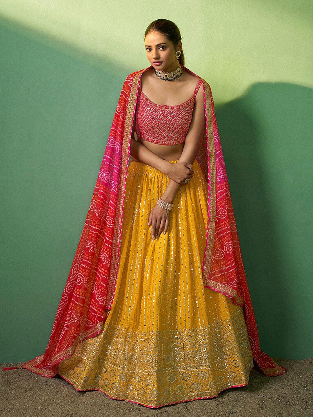 Yellow Georgette Sequined A-Line Lehenga choli Cheap Purchase