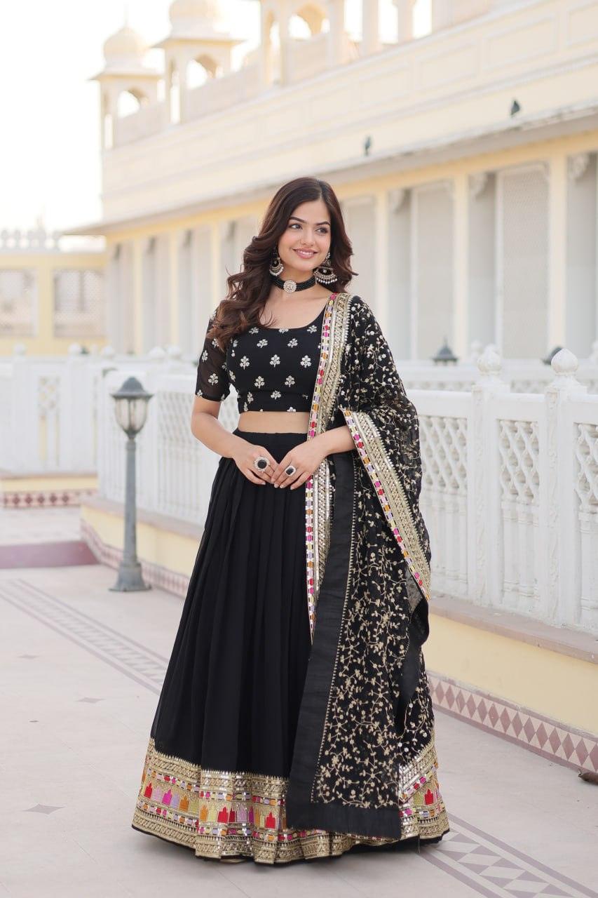 Stunning Black Faux Georgette Heavy Thread Sequins Embroidered Lehenga Choli Set Outlet Online Shop