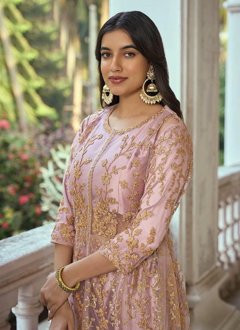 Resham Work Pink Soft Net Slit Cut Suit Sale With Paypal