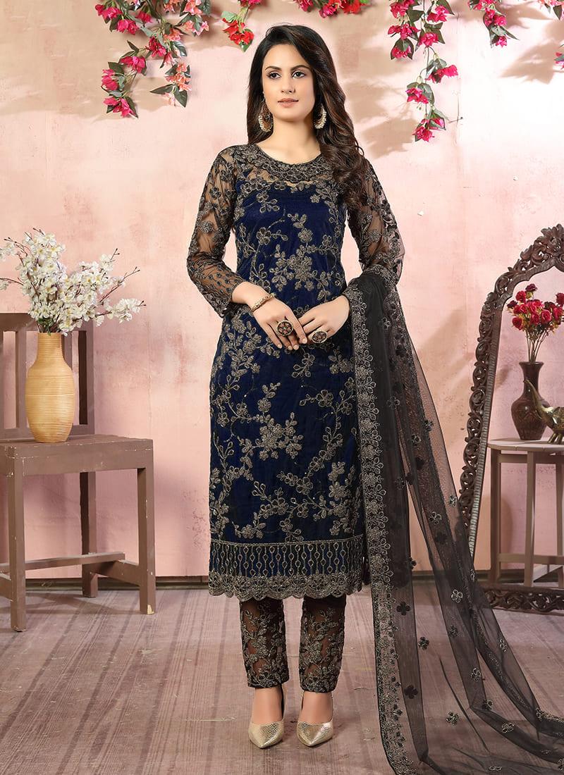 Net Base Embroidered Navy Blue Pant Style Suit For Cheap Online