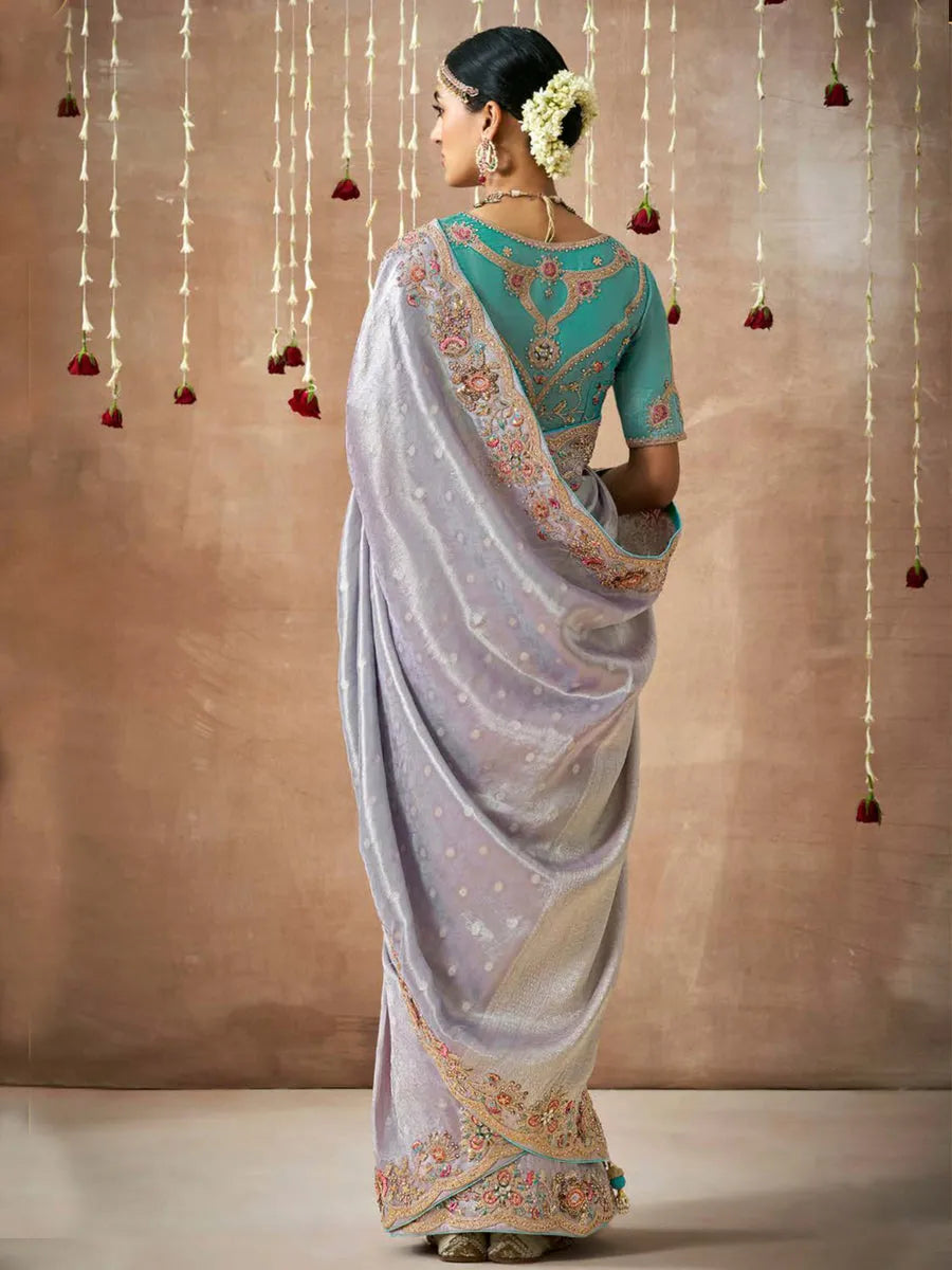 Pleasing Lavender Designer Silk Embroidered Saree Sale Cheap Pice