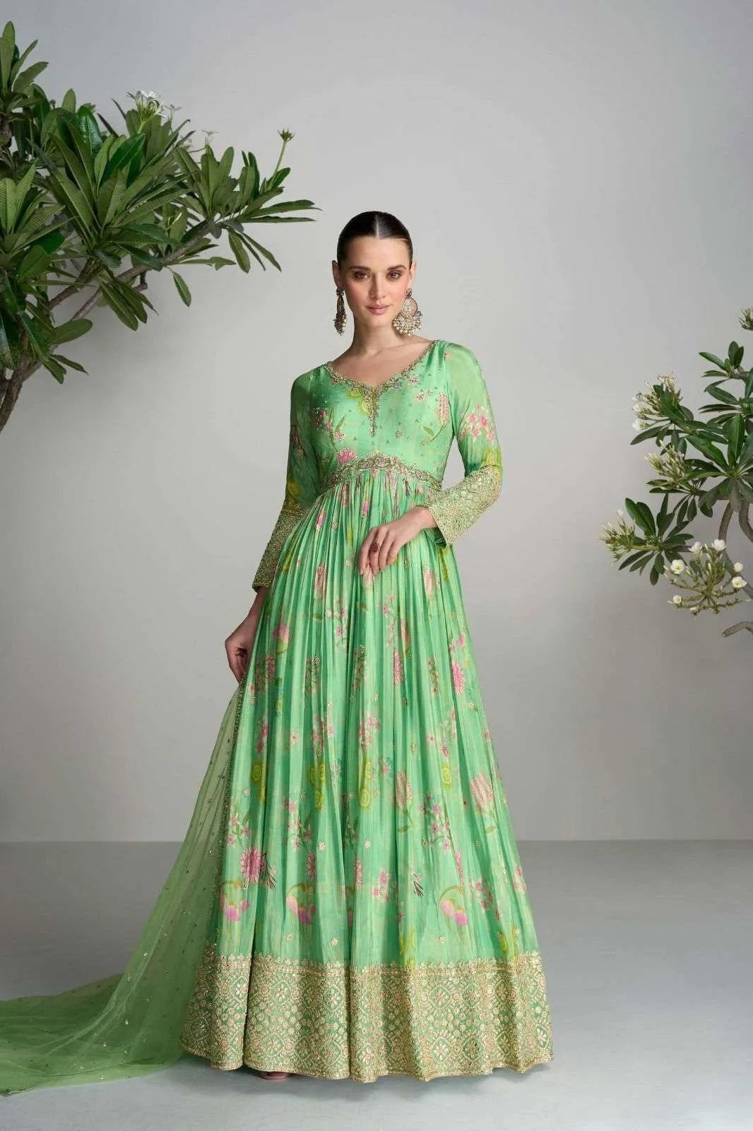 Pastel Green Digital Floral Printed Chinon Anarkali Gown Brand New Unisex Cheap Online