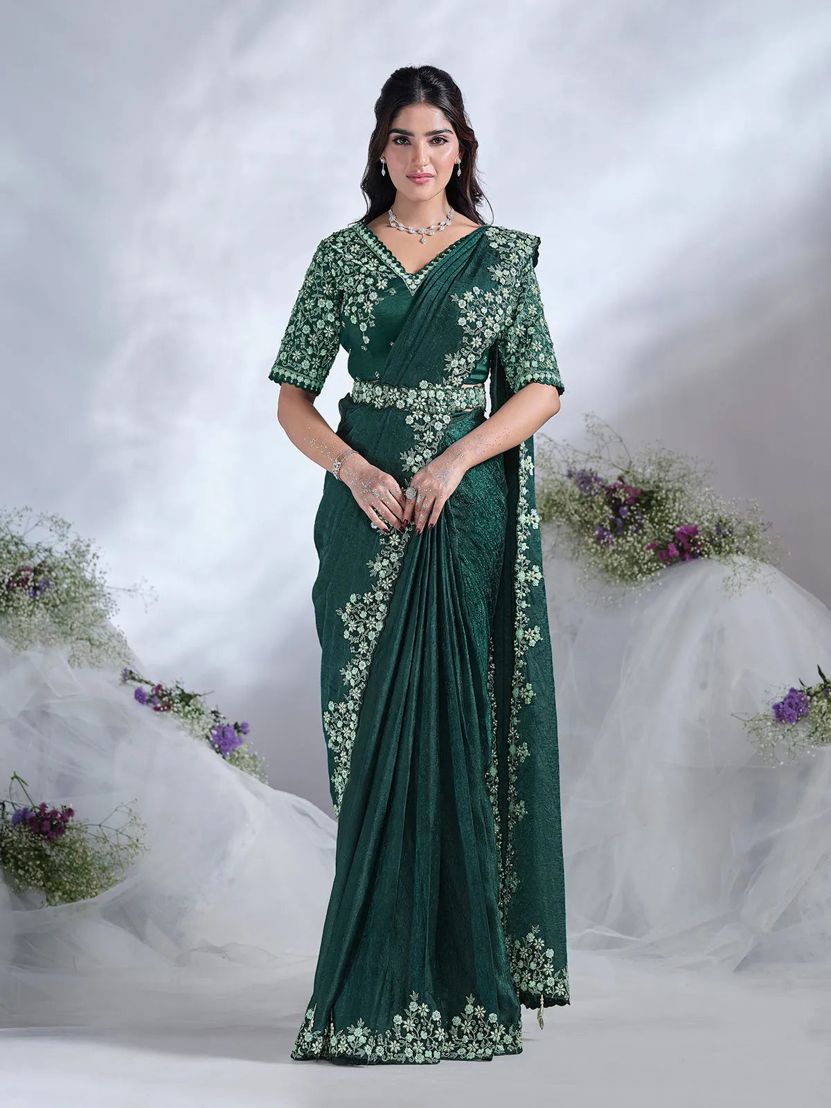 Graceful Green Ready To Wear To Tone Satin Silk Saree Sale 2025 Newest