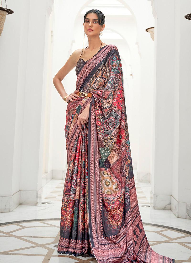 Glorious Dark Grey Color Silk Fabric Partywear Printed Saree Low Cost For Sale